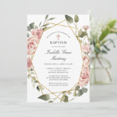 ほこりっぽいピンクローズフローラエレガント洗礼 招待状 (スタンド正面)