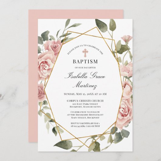 ほこりっぽいピンクローズフローラエレガント洗礼 招待状 (正面/裏面)