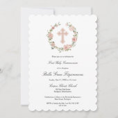 ほこりっぽいピンクローズフローラクロスファースト聖餐式の招待客 招待状 (正面)