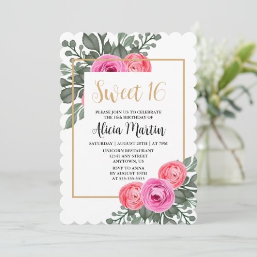 ほこりっぽいピンクローズフローラグリーンリー金ゴールドスイーツ16 招待状 (スタンド正面)