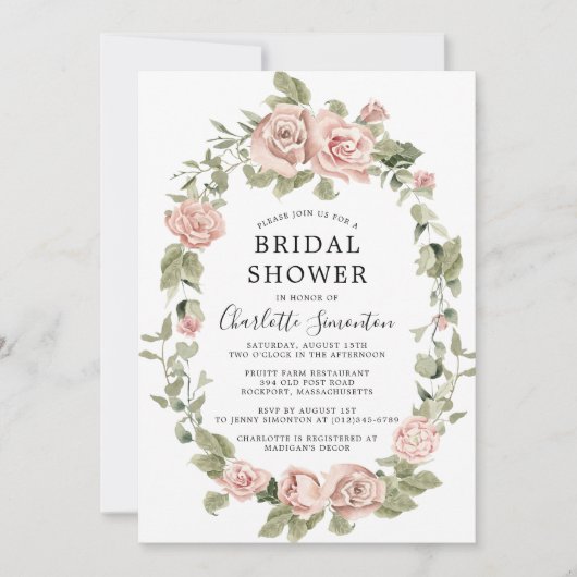 ほこりっぽいピンクローズフローラブライダルシャワー招待 招待状 (正面)