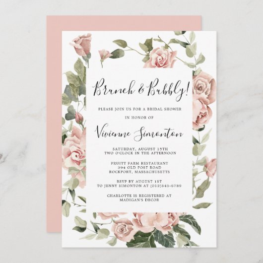 ほこりっぽいピンクローズフローラブランチと泡立ち 招待状 (正面/裏面)