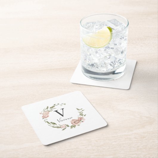 ほこりっぽいピンクローズフローラモノグラム名 スクエアペーパーコースター (インサイチュ)