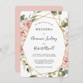 ほこりっぽいピンクローズフローラ金ゴールドジオメト結婚リカルInvi 招待状 (正面/裏面)