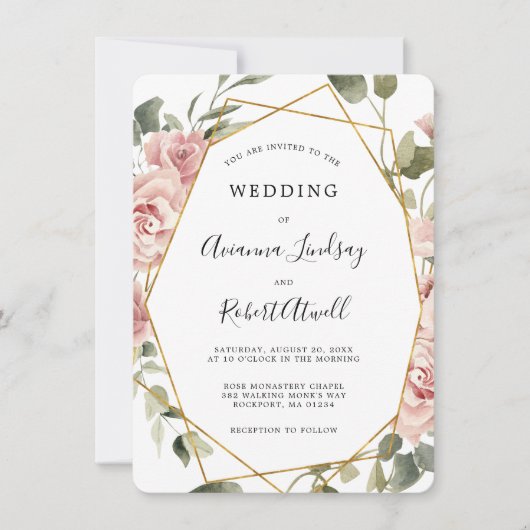 ほこりっぽいピンクローズフローラ金ゴールドジオメト結婚リカルInvi 招待状 (正面)