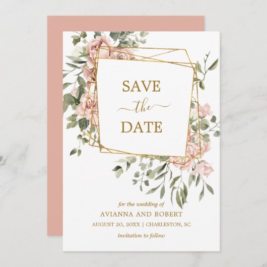 ほこりっぽいピンクローズフローラ金ゴールド幾何学的フレ救ームT セーブザデート (正面/裏面)