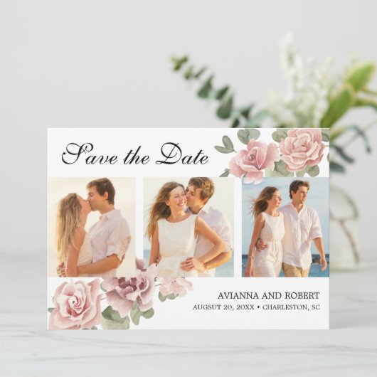 ほこりっぽいピンクローズフローラ3モダンフォト結婚ズ セーブザデート (スタンド正面)