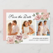 ほこりっぽいピンクローズフローラ3モダンフォト結婚ズ セーブザデート (正面/裏面)