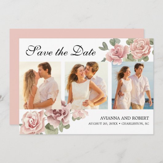 ほこりっぽいピンクローズフローラ3モダンフォト結婚ズ セーブザデート (正面/裏面)
