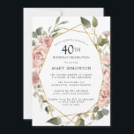 ほこりっぽいピンクローズフローラ40th誕生日パーティー 招待状<br><div class="desc">このかわいらし40歳の誕生日のパーティの招待状にモダンは縁ど、ほこりっぽいピンクのバラがフローラを作り出す。</div>