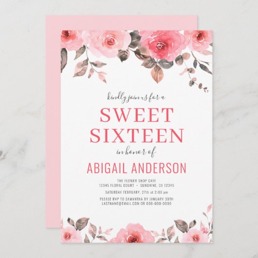 ほこりっぽいピンクローズフローラSweet sixteen水彩 招待状 (正面/裏面)