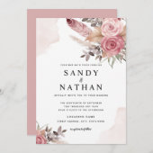 ほこりっぽいピンクローズボホフラワーズ結婚式招待状 招待状 (正面/裏面)