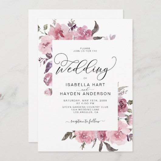 ほこりっぽいピンクローズ赤面ウォーター色結婚フローラ 招待状 (正面/裏面)