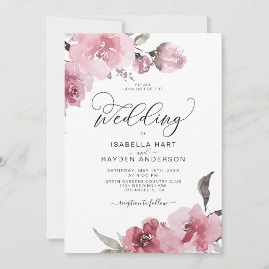 ほこりっぽいピンクローズ赤面花結婚のフローラ 招待状 (正面)