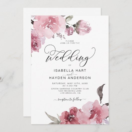 ほこりっぽいピンクローズ赤面花結婚のフローラ 招待状 (正面/裏面)