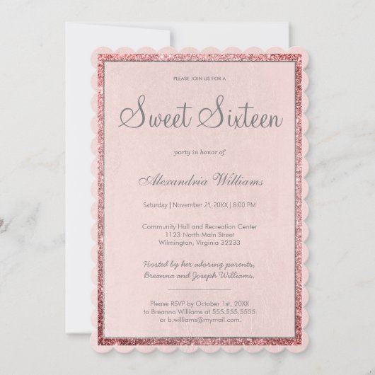 ほこりっぽいピンクローズ金ゴールドシルバーグリッタースウィート16 招待状 (正面)