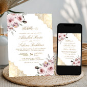 ほこりっぽいピンクローズ金ゴールドレースQRコードムスリム結婚ズ 招待状