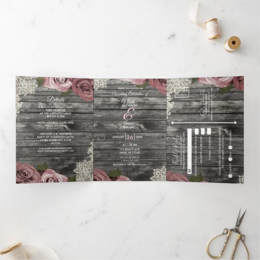ほこりっぽいピンクローズ&レースグ素朴レーウッド結婚ズ 三つ折り招待状 (内部)