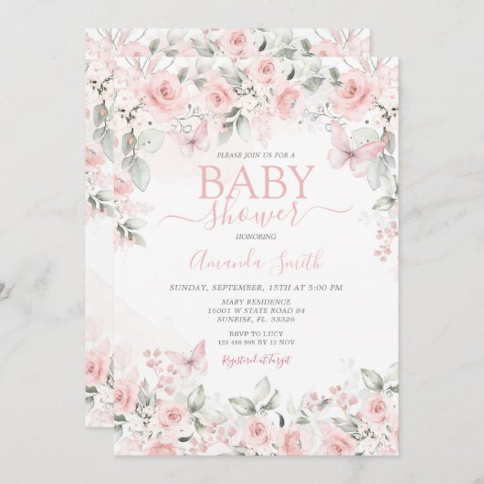 ほこりっぽいピンクローゼベビーシャワーの招待 招待状 (正面/裏面)