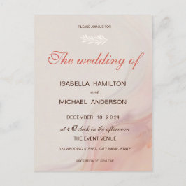 ほこりっぽいピンク大理石スクリプトカリグラフィホワイトブランチ インビテーションポストカード