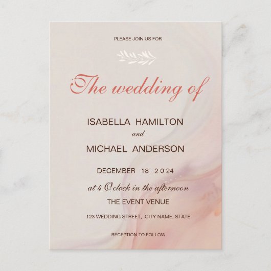 ほこりっぽいピンク大理石スクリプトカリグラフィホワイトブランチ インビテーションポストカード (正面)