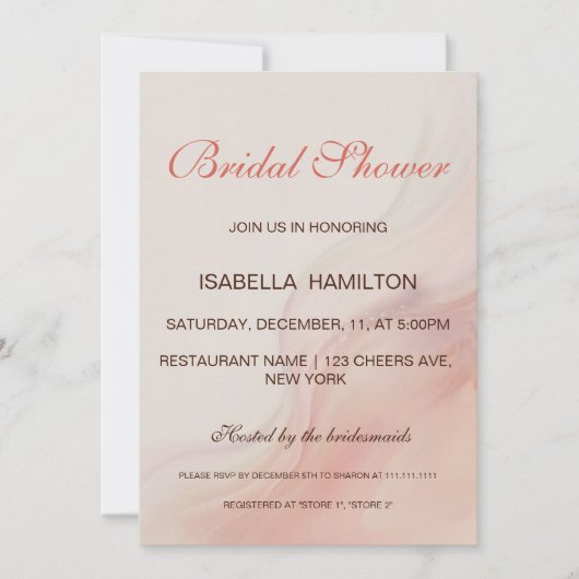 ほこりっぽいピンク大理石筆跡ブライダルシャワー 招待状 (正面)