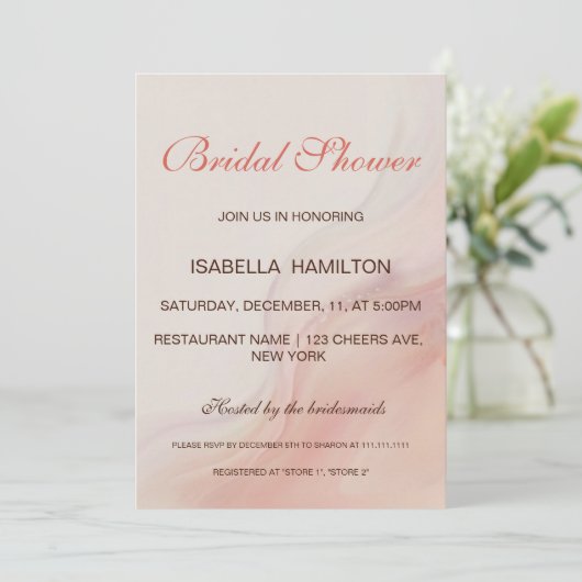 ほこりっぽいピンク大理石筆跡ブライダルシャワー 招待状 (スタンド正面)