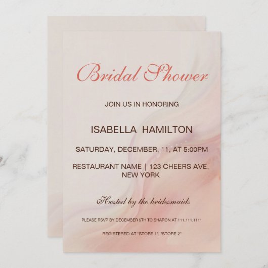 ほこりっぽいピンク大理石筆跡ブライダルシャワー 招待状 (正面/裏面)