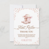 ほこりっぽいピンク女性のカーボーイブーツ最初のロデオ1歳の誕生日 サンキューカード (正面)