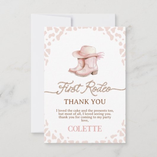 ほこりっぽいピンク女性のカーボーイブーツ最初のロデオ1歳の誕生日 サンキューカード (正面)