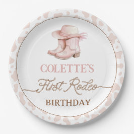 ほこりっぽいピンク女性のカーボーイブーツ最初のロデオ1歳の誕生日 ペーパープレート