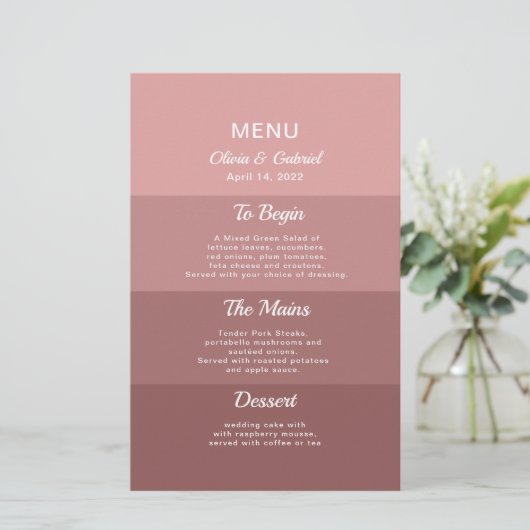 ほこりっぽいピンク深い赤面エレガスタイリッシュントなウェディングメニュー (スタンド正面)