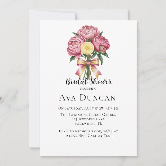 ほこりっぽいピンク牡丹とレモンブライダルシャワー 招待状 (正面)