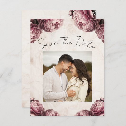 ほこりっぽいピンク牡丹の花のヴィンテージ日付を保存 案内ポストカード (正面/裏面)