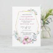 ほこりっぽいピンク牡丹ジオメトリック金ゴールド結婚フレーム 招待状 (スタンド正面)