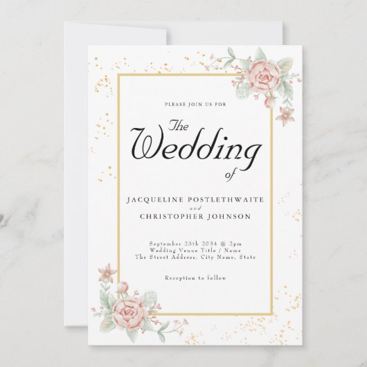 ほこりっぽいピンク牡丹フローラシックな水結婚色の 招待状 (正面)