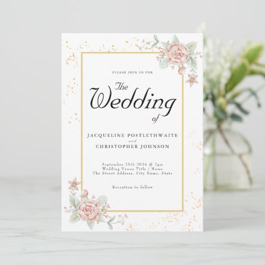 ほこりっぽいピンク牡丹フローラシックな水結婚色の 招待状 (スタンド正面)