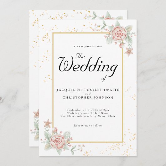 ほこりっぽいピンク牡丹フローラシックな水結婚色の 招待状 (正面/裏面)