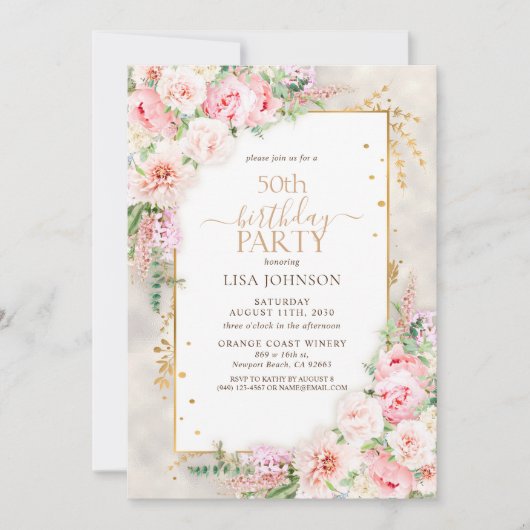 ほこりっぽいピンク牡丹フローラ金ゴールドきらめく50誕生日 招待状 (正面)