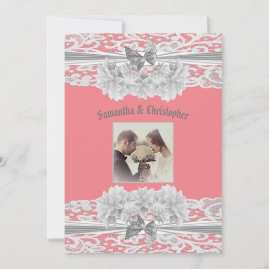 ほこりっぽいピンク結婚の白いレースの写真の招待 招待状 (裏面)