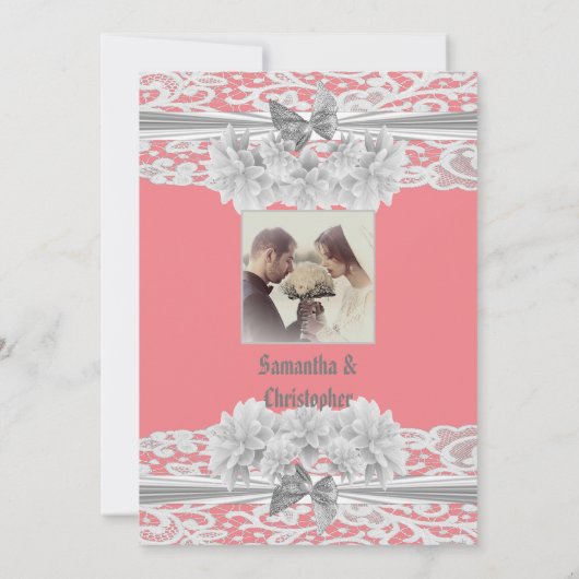 ほこりっぽいピンク結婚の白いレースの写真の招待 招待状 (裏面)