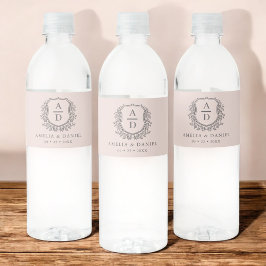 ほこりっぽいピンク結婚モノグラムのフローラ紋章 ペットボトルラベル