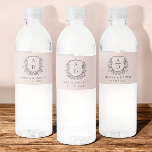 ほこりっぽいピンク結婚モノグラムのフローラ紋章 ペットボトルラベル