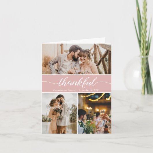 ほこりっぽいピンク結婚色の感謝写真コラージュ サンキューカード (正面)