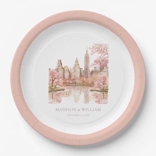 ほこりっぽいピンク色のニューヨー結婚ク ペーパープレート (正面)