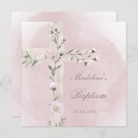 ほこりっぽいピンク色のバプテスマ 招待状 (正面/裏面)