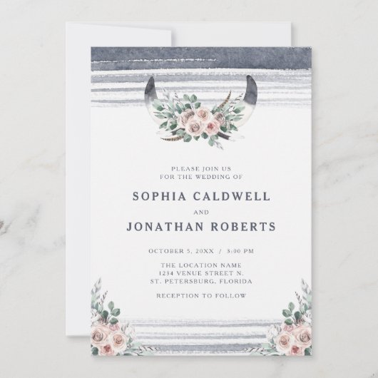 ほこりっぽいピンク色のバラでブルホーン結婚の音 招待状 (正面)