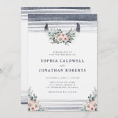 ほこりっぽいピンク色のバラでブルホーン結婚の音 招待状 (正面/裏面)