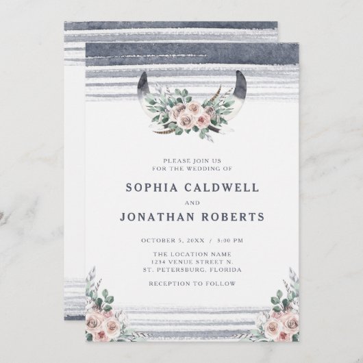 ほこりっぽいピンク色のバラでブルホーン結婚の音 招待状 (正面/裏面)