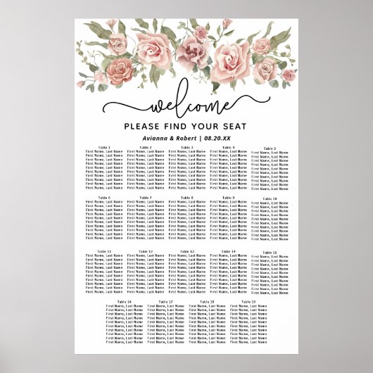 ほこりっぽいピンク色のバラ19結婚テーブルの座席表 ポスター (正面)
